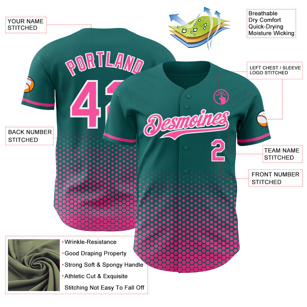 Custom Teal Pink-White Geometric Hexagonal Dot Gradient Authentic Baseball Jersey view 3