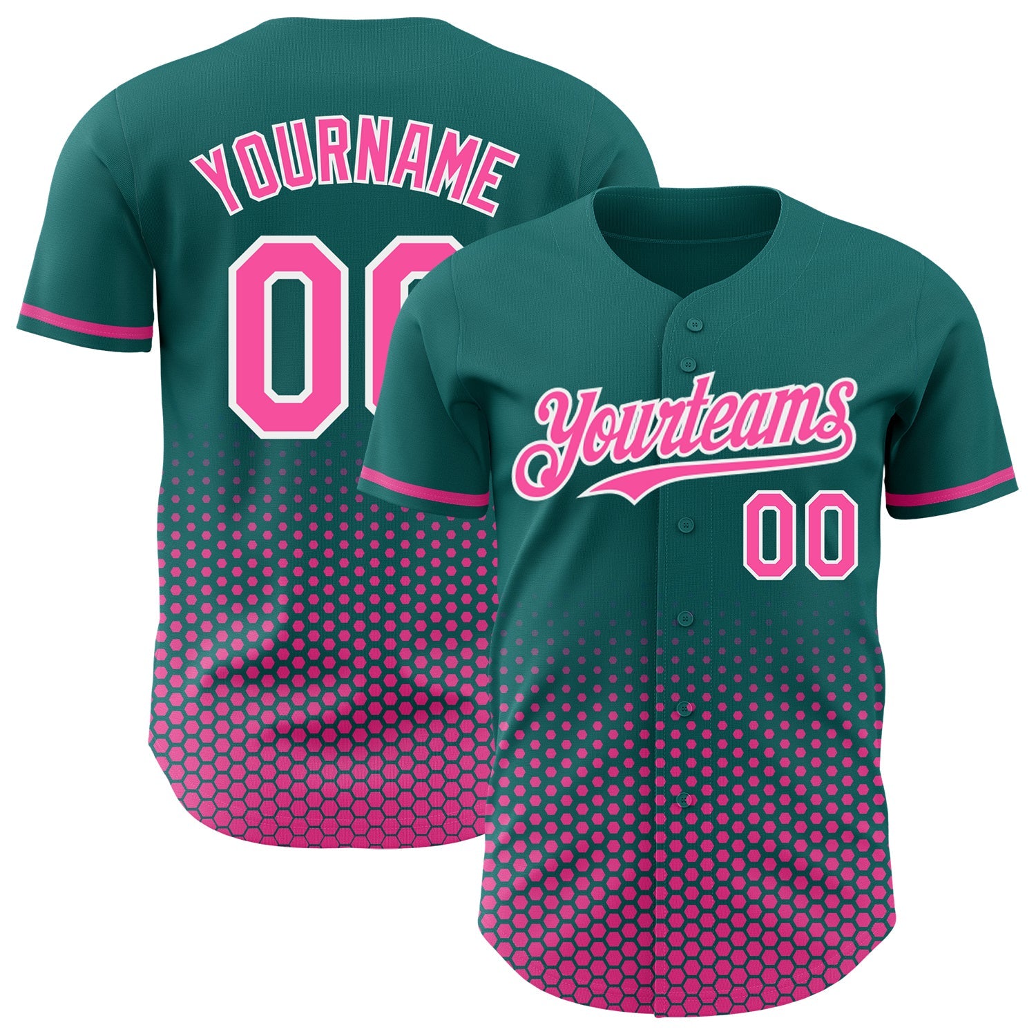 Custom Teal Pink-White Geometric Hexagonal Dot Gradient Authentic Baseball Jersey - Main View