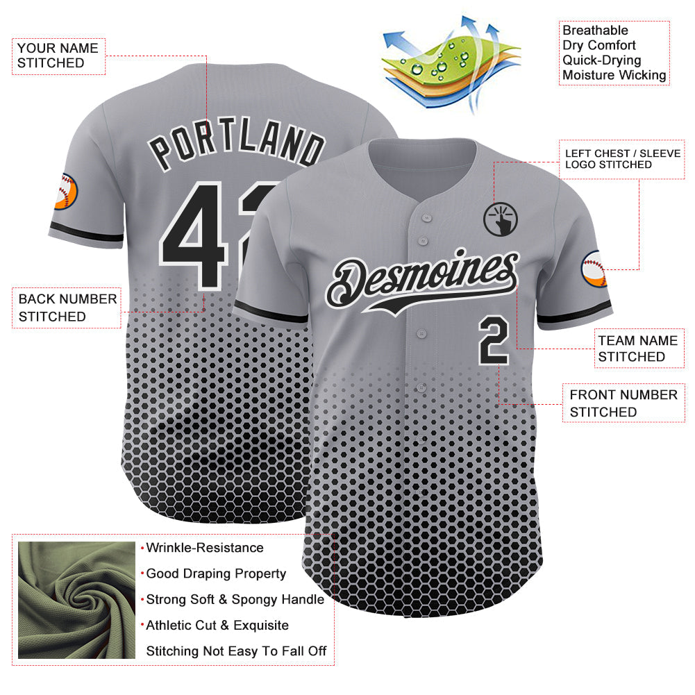Custom Gray Black-White Geometric Hexagonal Dot Gradient Authentic Baseball Jersey view 3