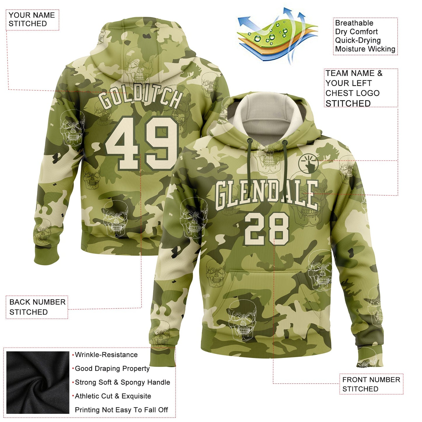 Custom Stitched Camo Cream-Olive 3D Skull Fashion Sports Pullover Sweatshirt Hoodie view 2