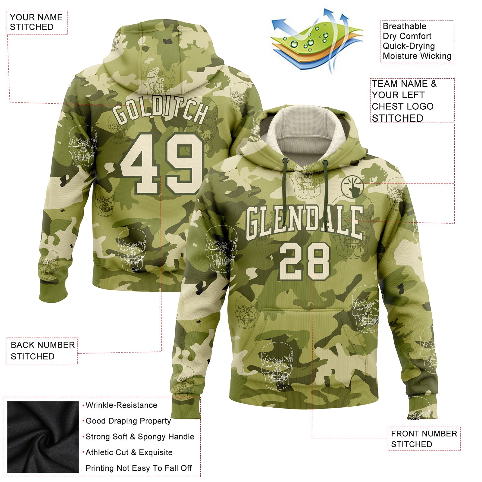 Custom Stitched Camo Cream-Olive 3D Skull Fashion Sports Pullover Sweatshirt Hoodie view 2