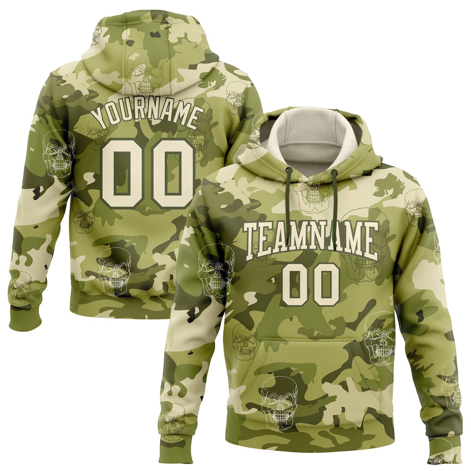 Custom Stitched Camo Cream-Olive 3D Skull Fashion Sports Pullover Sweatshirt Hoodie - Main View