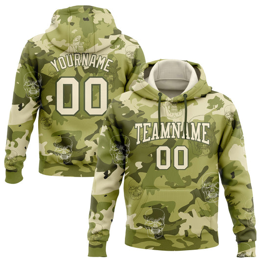 Custom Stitched Camo Cream-Olive 3D Skull Fashion Sports Pullover Sweatshirt Hoodie - Main View
