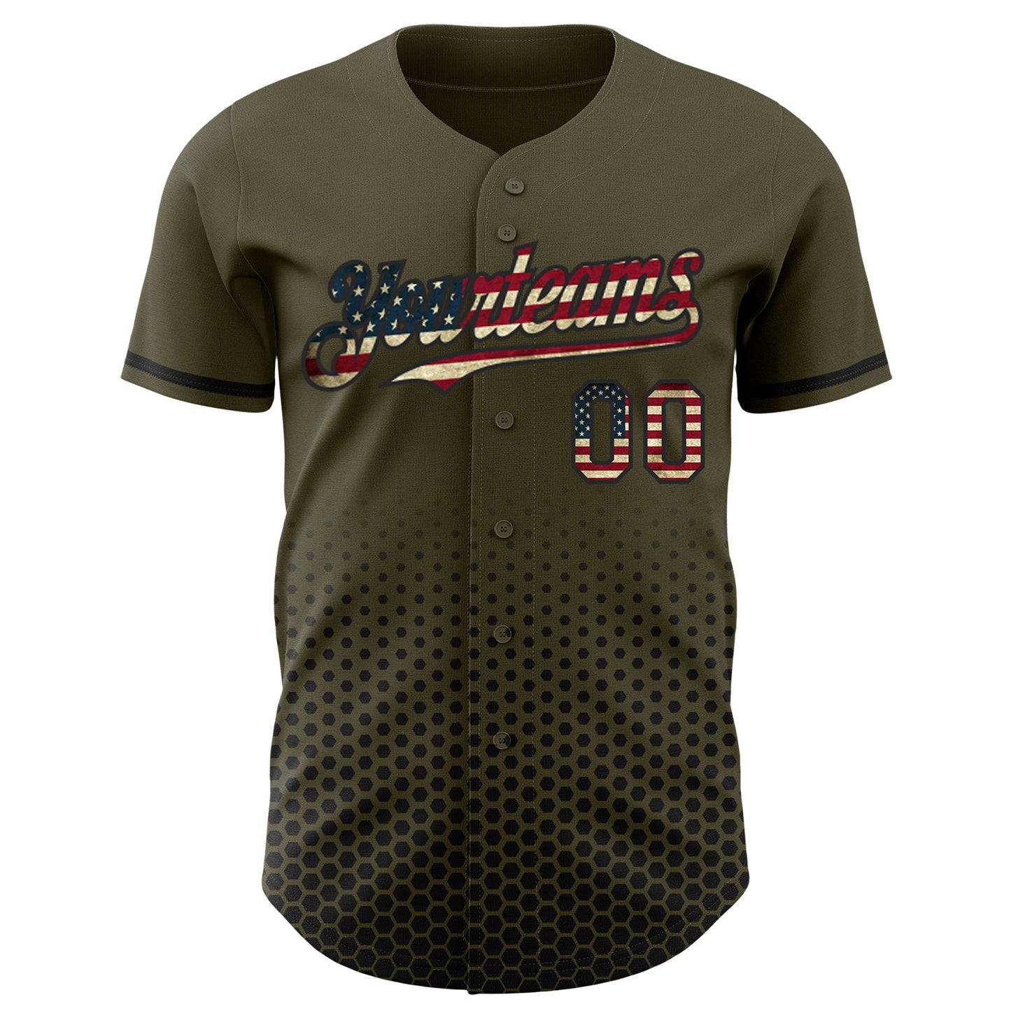 Custom Olive Vintage USA Flag-Black Geometric Hexagonal Dot Gradient Authentic Baseball Jersey view 2