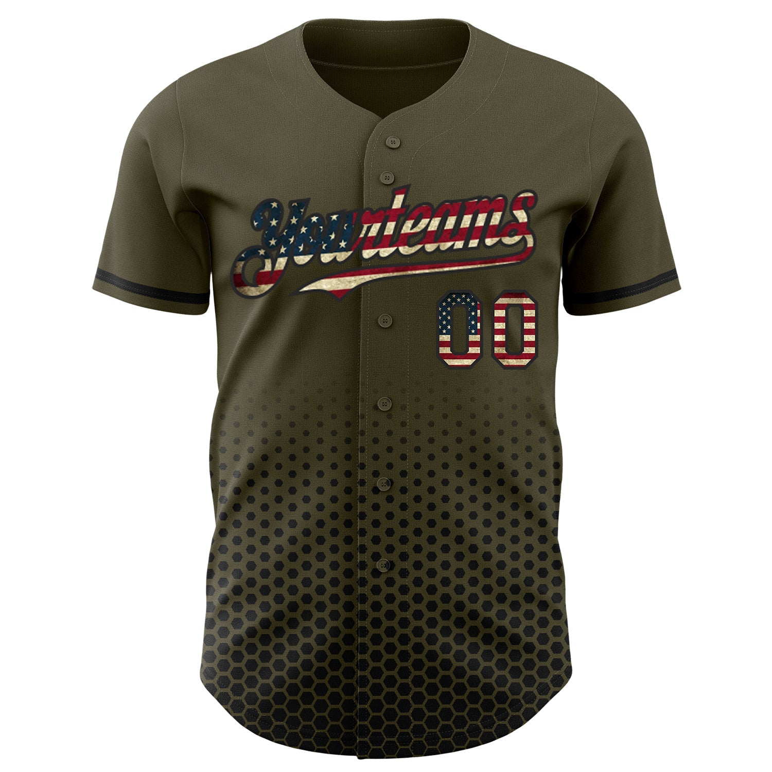 Custom Olive Vintage USA Flag-Black Geometric Hexagonal Dot Gradient Authentic Baseball Jersey view 2
