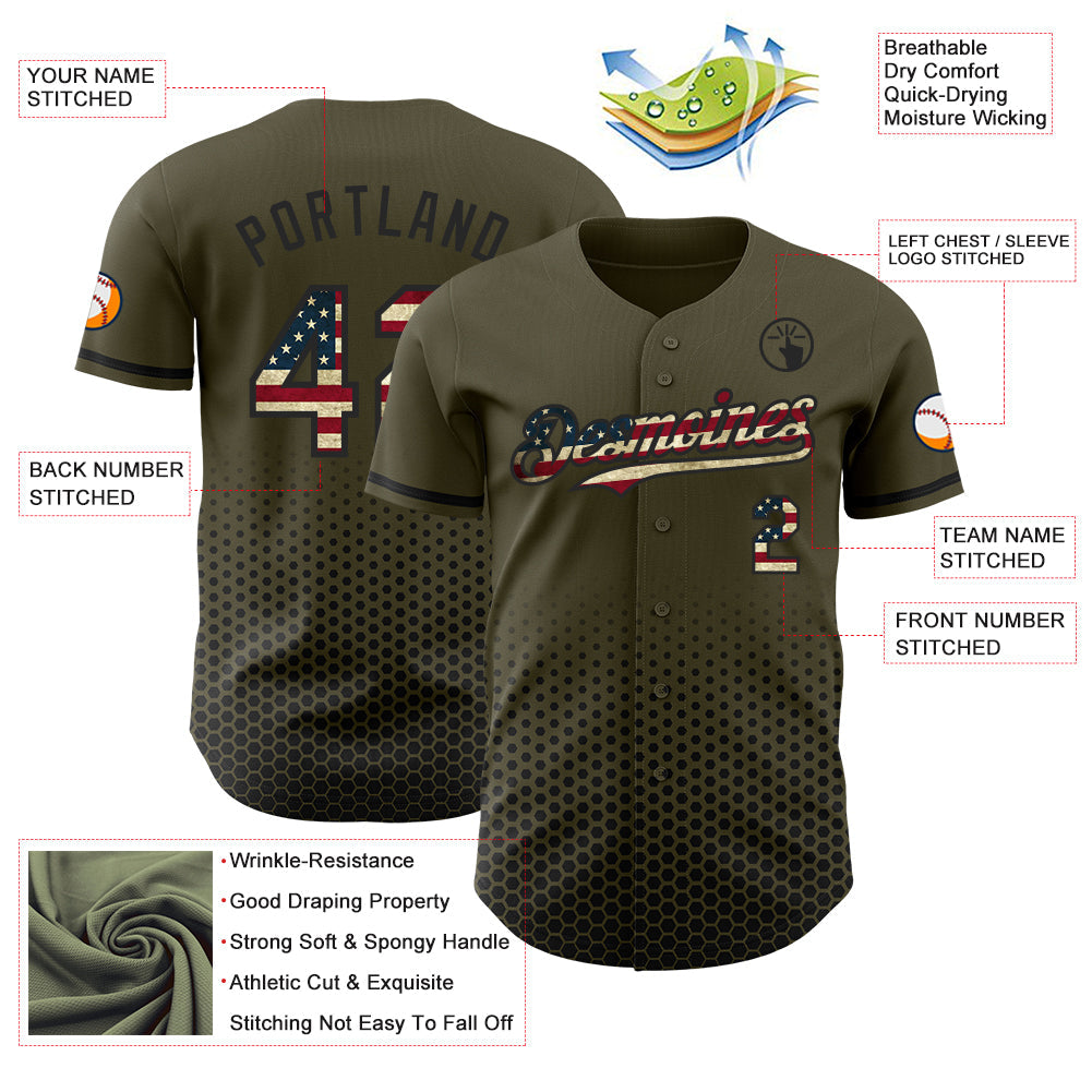 Custom Olive Vintage USA Flag-Black Geometric Hexagonal Dot Gradient Authentic Baseball Jersey view 3