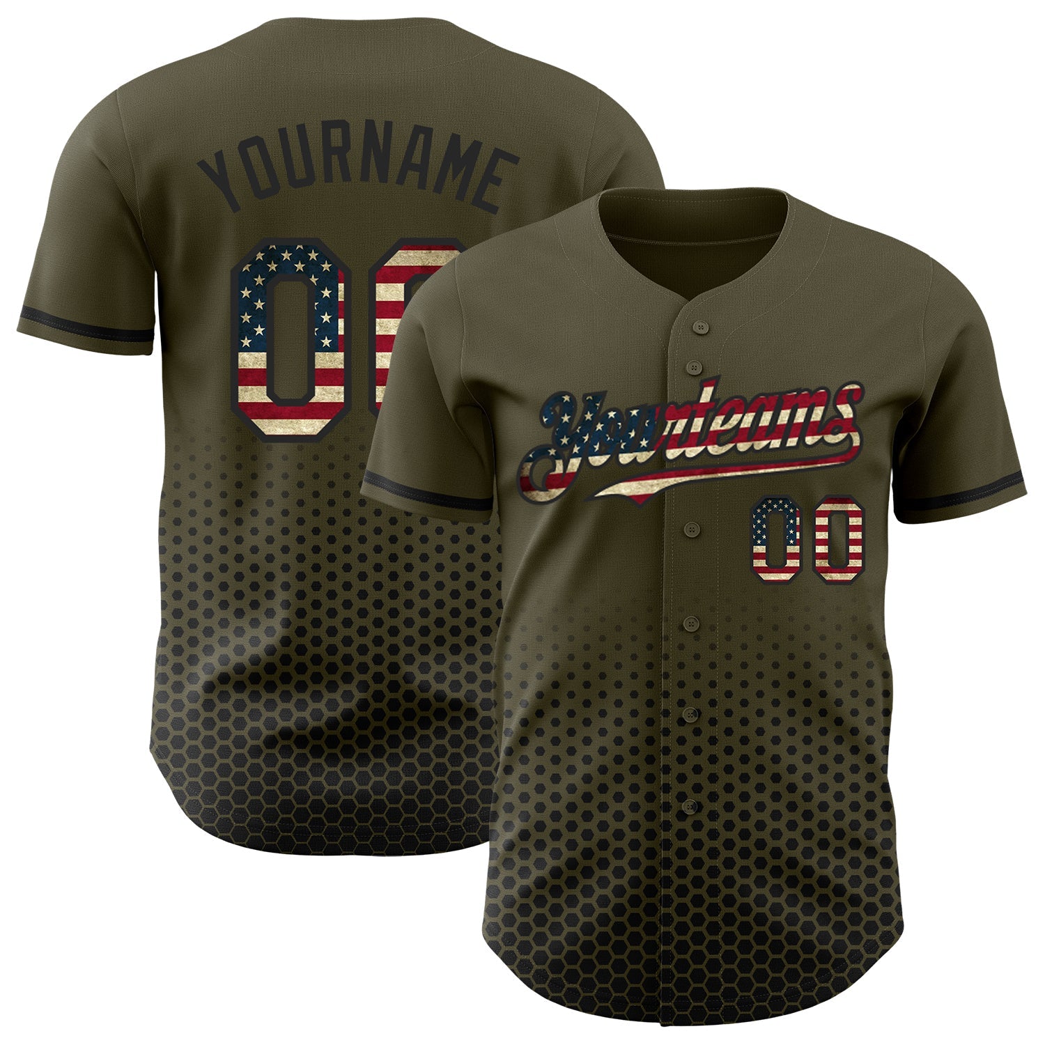 Custom Olive Vintage USA Flag-Black Geometric Hexagonal Dot Gradient Authentic Baseball Jersey - Main View