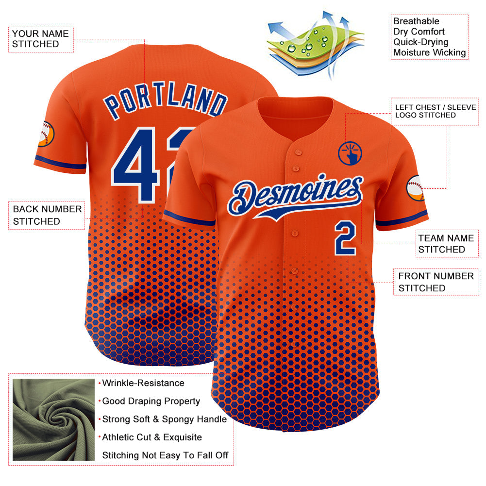 Custom Orange Royal-White Geometric Hexagonal Dot Gradient Authentic Baseball Jersey view 3