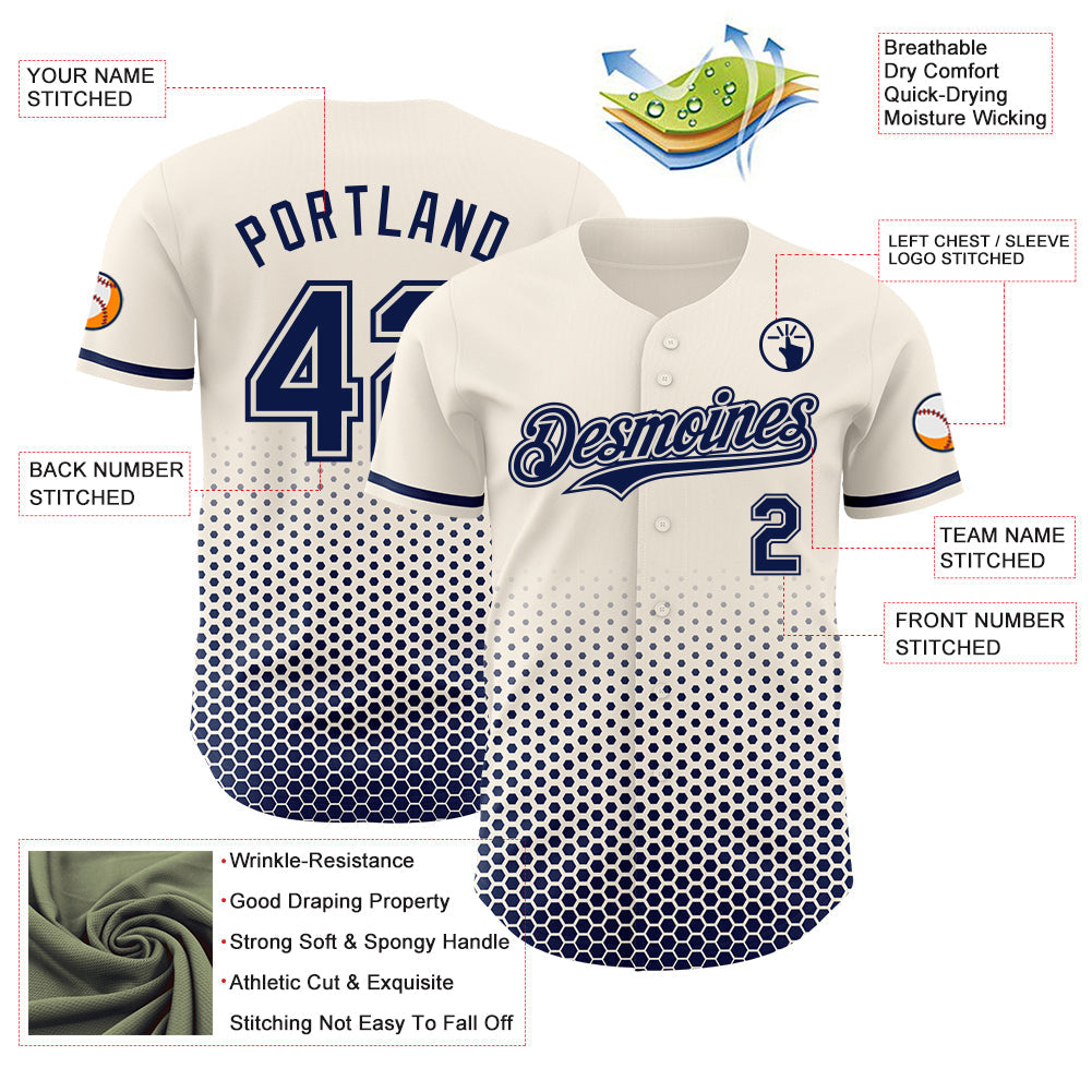Custom Cream-Navy Geometric Hexagonal Dot Gradient Authentic Baseball Jersey view 3