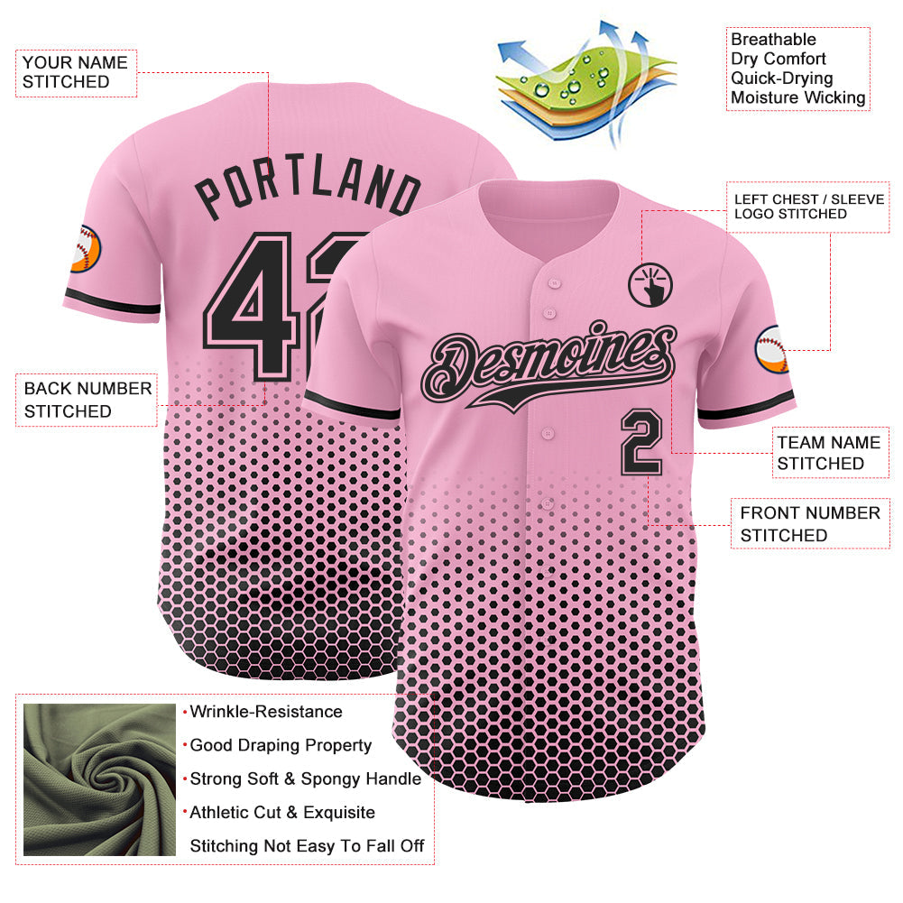 Custom Light Pink-Black Geometric Hexagonal Dot Gradient Authentic Baseball Jersey view 3