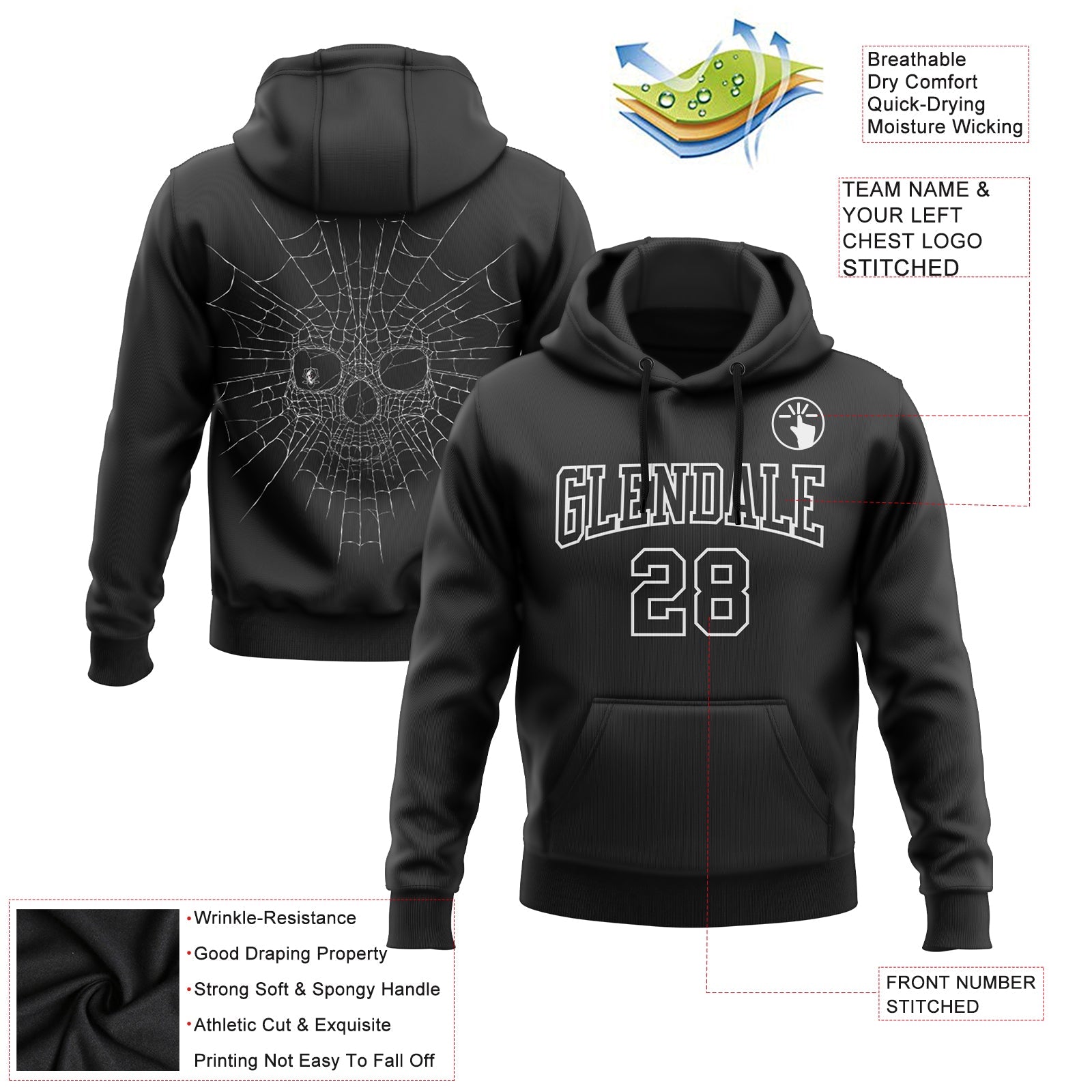 Custom Stitched Black White 3D Skull Fashion Sports Pullover Sweatshirt Hoodie view 2
