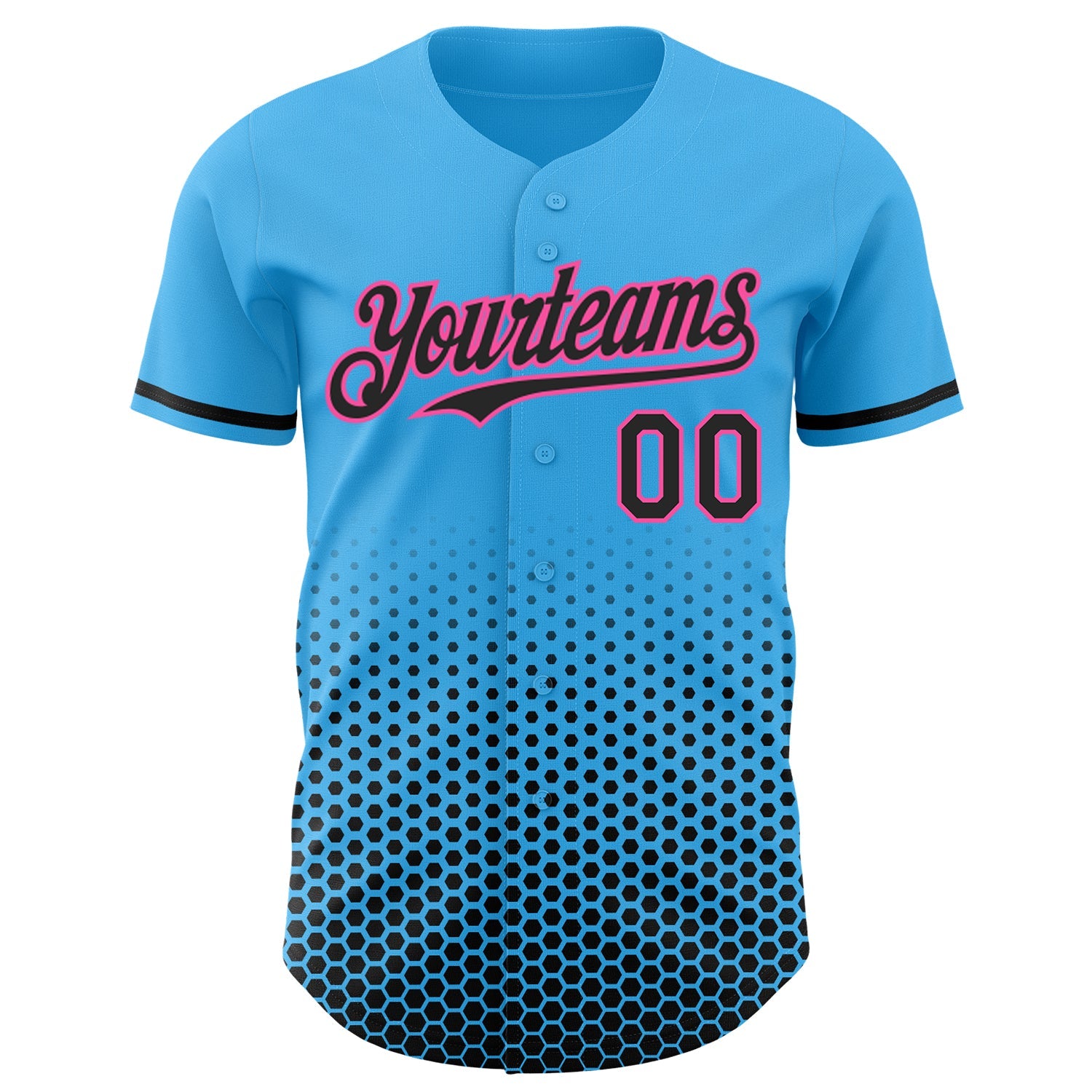 Custom Sky Blue Black-Pink Geometric Hexagonal Dot Gradient Authentic Baseball Jersey view 2
