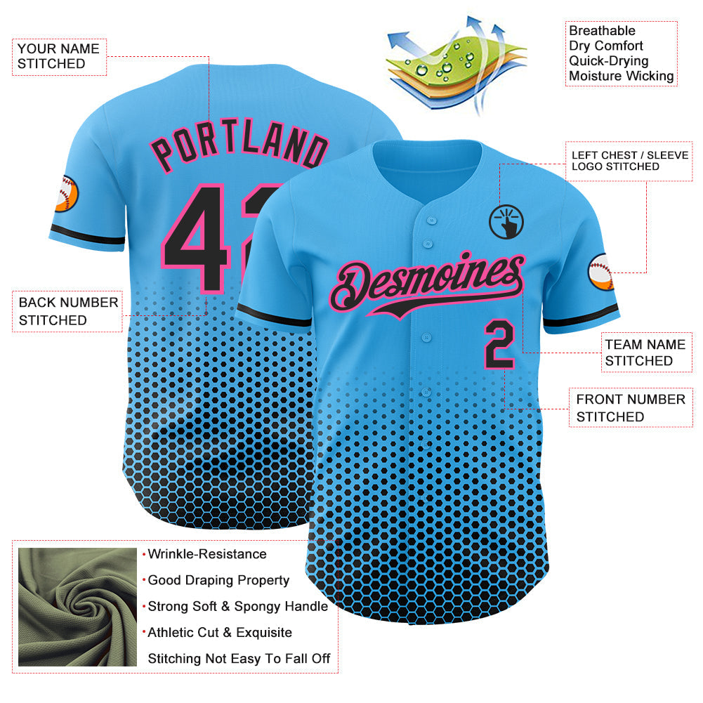 Custom Sky Blue Black-Pink Geometric Hexagonal Dot Gradient Authentic Baseball Jersey view 3