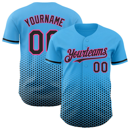Custom Sky Blue Black-Pink Geometric Hexagonal Dot Gradient Authentic Baseball Jersey - Main View