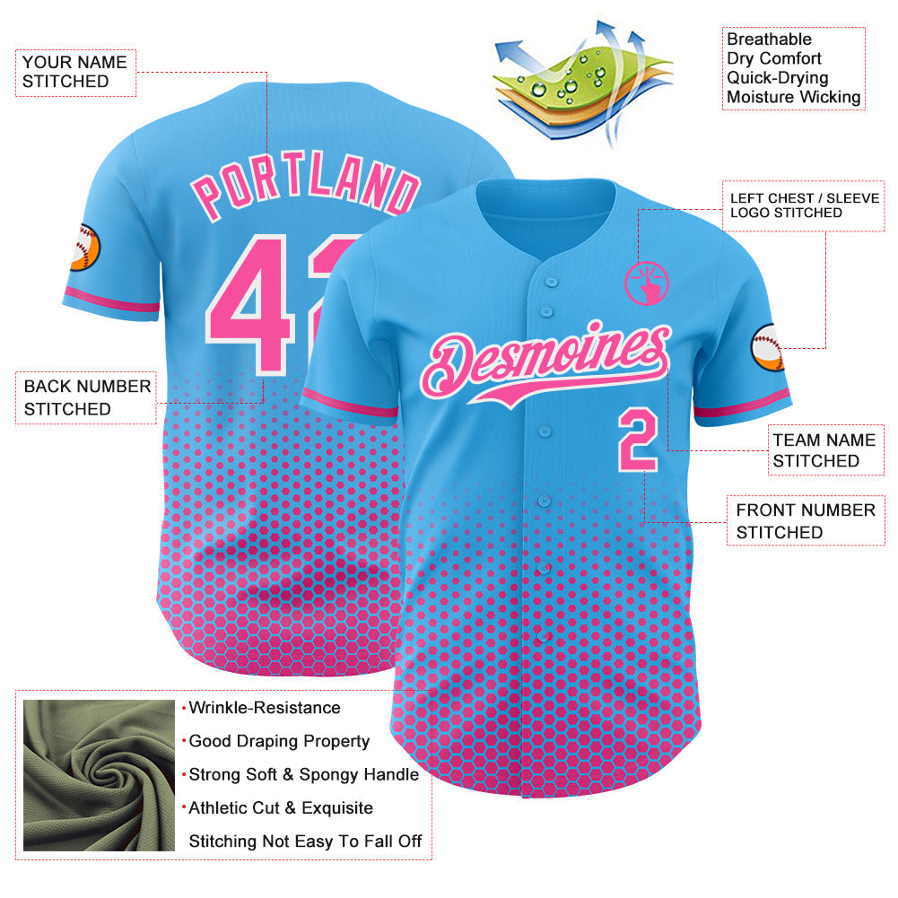 Custom Sky Blue Pink-White Geometric Hexagonal Dot Gradient Authentic Baseball Jersey view 3