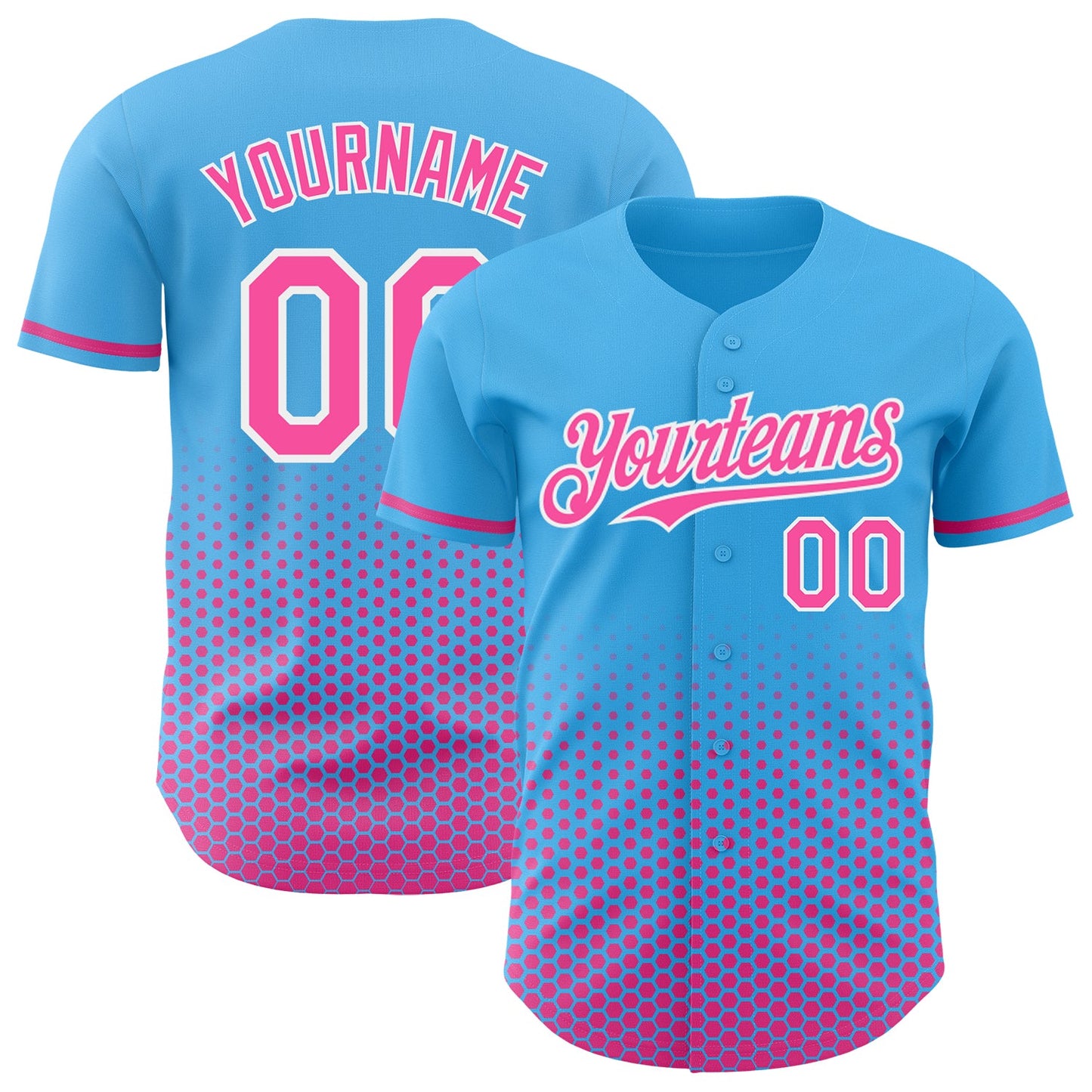 Custom Sky Blue Pink-White Geometric Hexagonal Dot Gradient Authentic Baseball Jersey - Main View