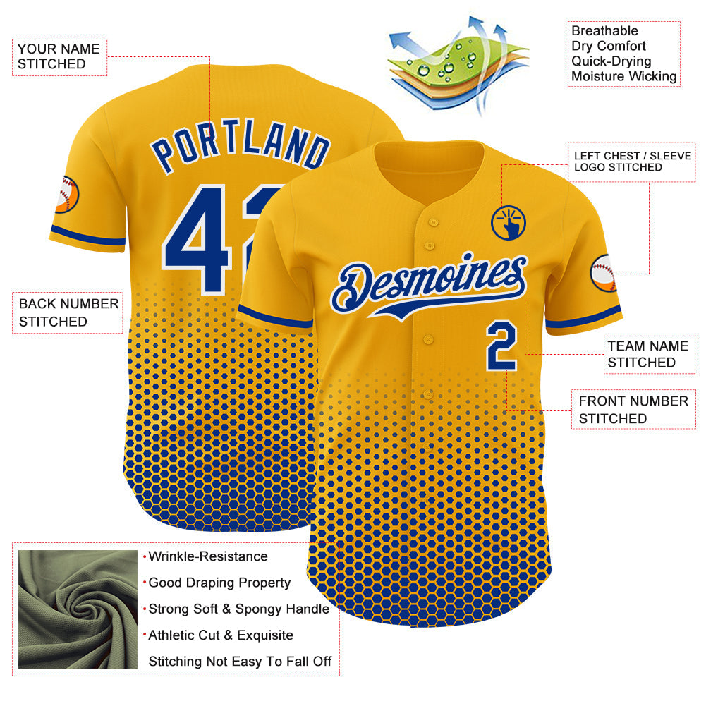 Custom Gold Royal-White Geometric Hexagonal Dot Gradient Authentic Baseball Jersey view 3