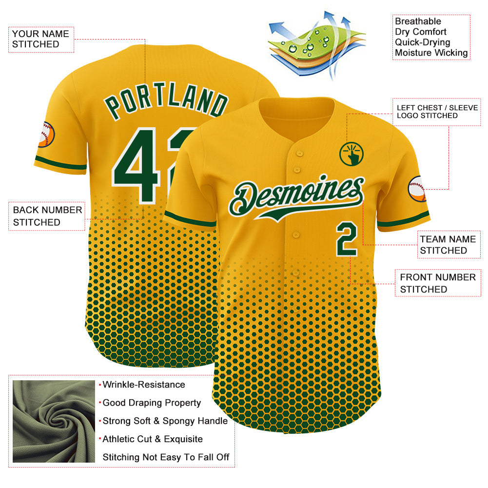 Custom Gold Green-White Geometric Hexagonal Dot Gradient Authentic Baseball Jersey view 3
