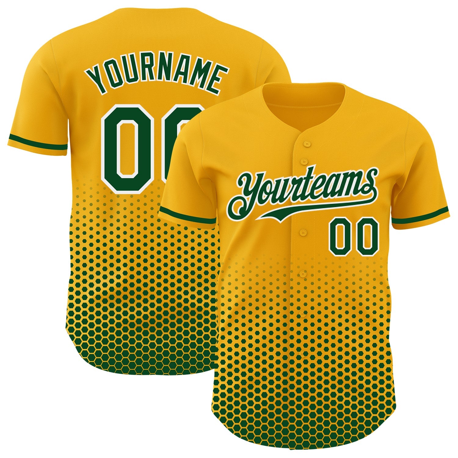 Custom Gold Green-White Geometric Hexagonal Dot Gradient Authentic Baseball Jersey - Main View