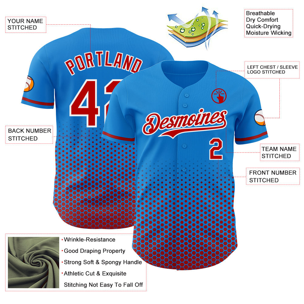 Custom Electric Blue Red-White Geometric Hexagonal Dot Gradient Authentic Baseball Jersey view 3