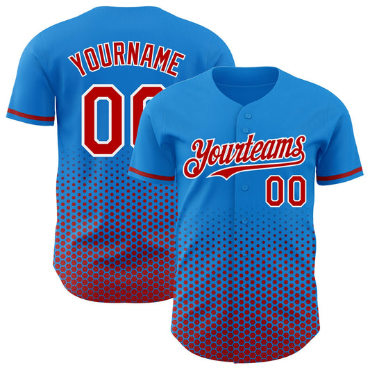 Custom Electric Blue Red-White Geometric Hexagonal Dot Gradient Authentic Baseball Jersey - Main View