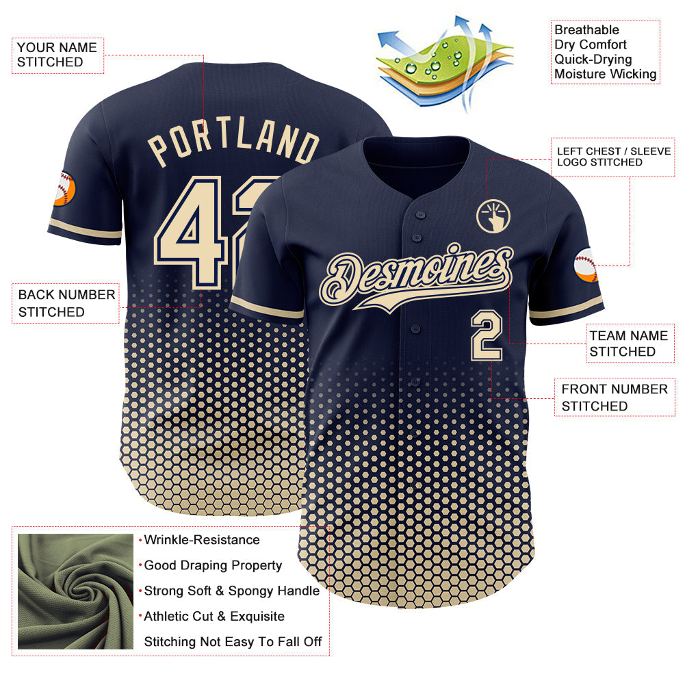 Custom Navy-Cream Geometric Hexagonal Dot Gradient Authentic Baseball Jersey view 3