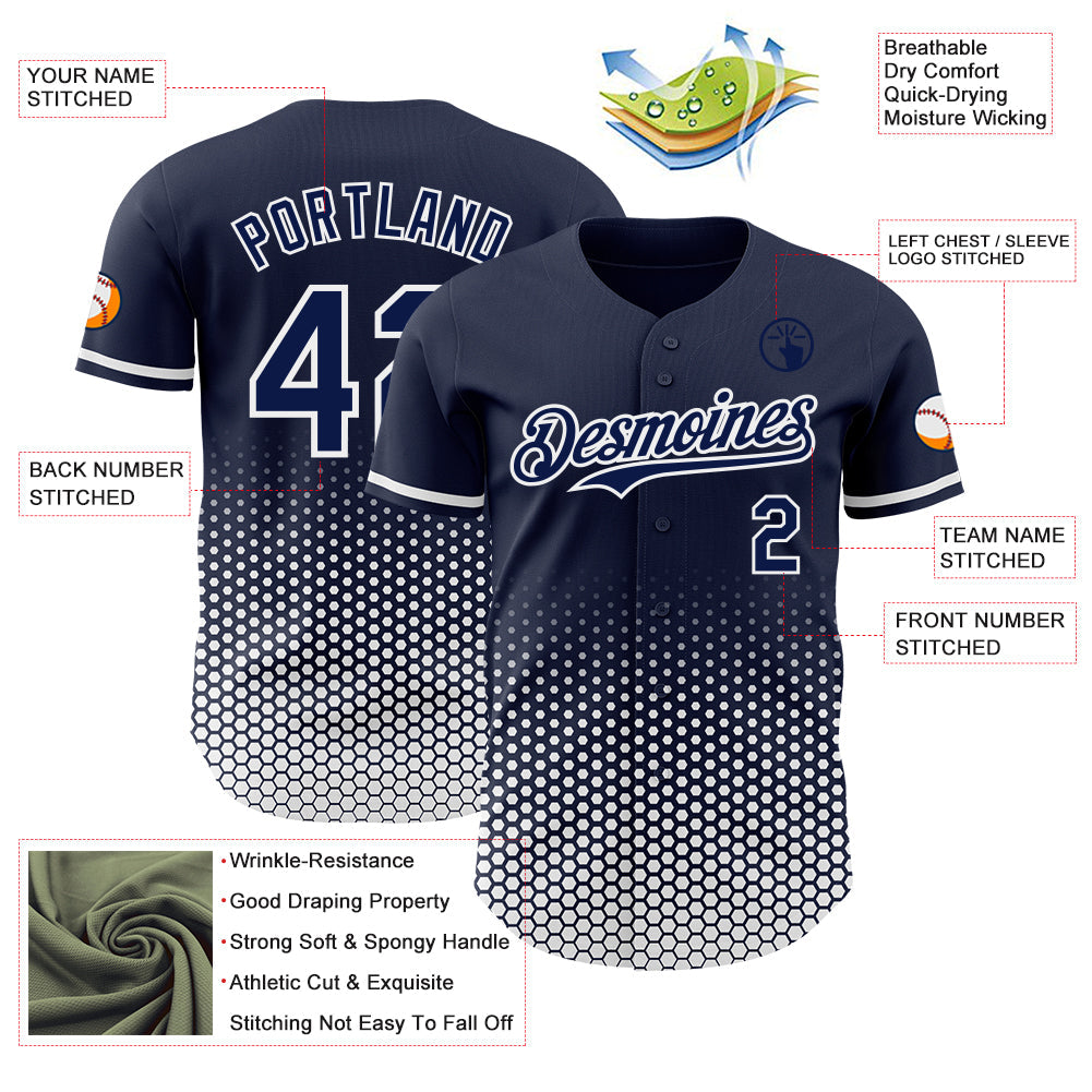 Custom Navy-White Geometric Hexagonal Dot Gradient Authentic Baseball Jersey view 3