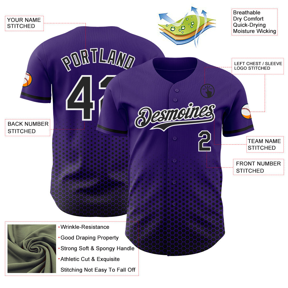 Custom Purple Black-White Geometric Hexagonal Dot Gradient Authentic Baseball Jersey view 3