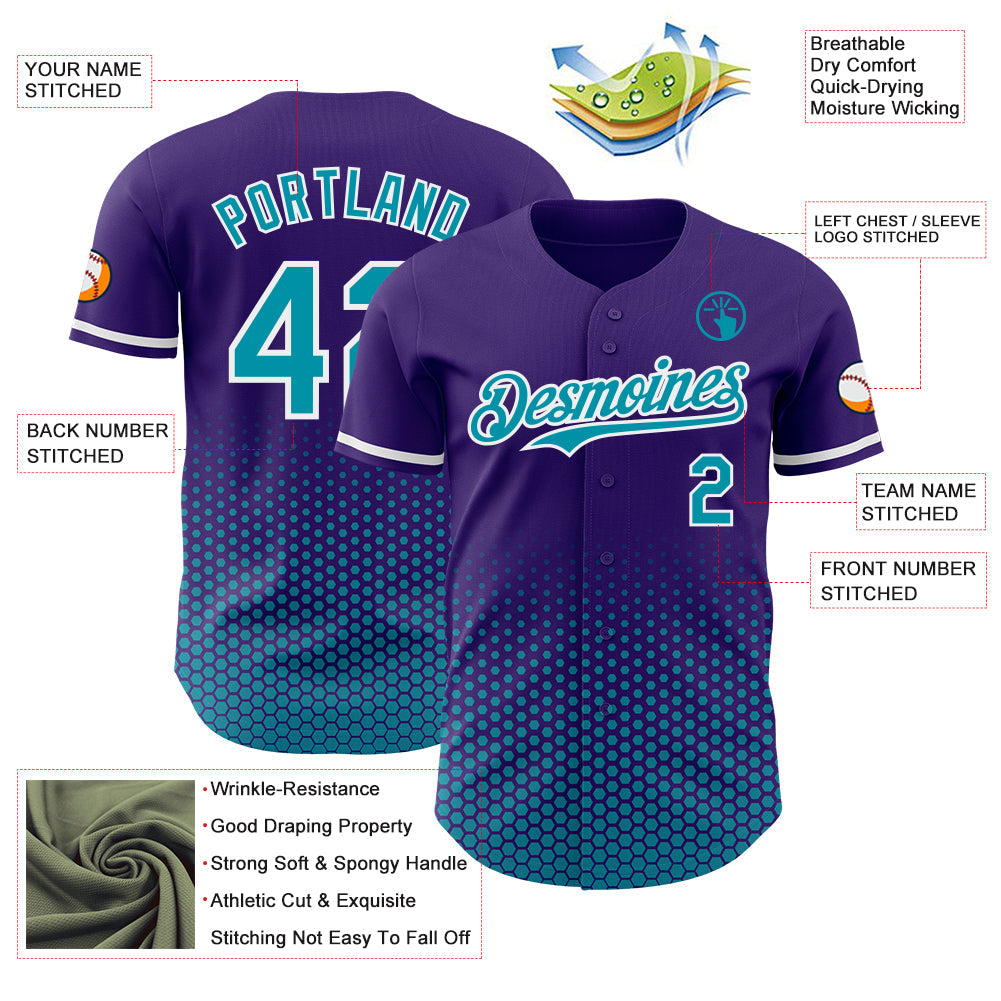 Custom Purple Teal-White Geometric Hexagonal Dot Gradient Authentic Baseball Jersey view 3