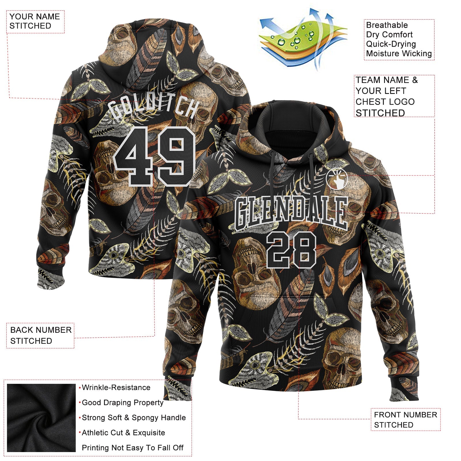 Custom Stitched Black White 3D Skull Fashion Flower And Plant Sports Pullover Sweatshirt Hoodie view 2
