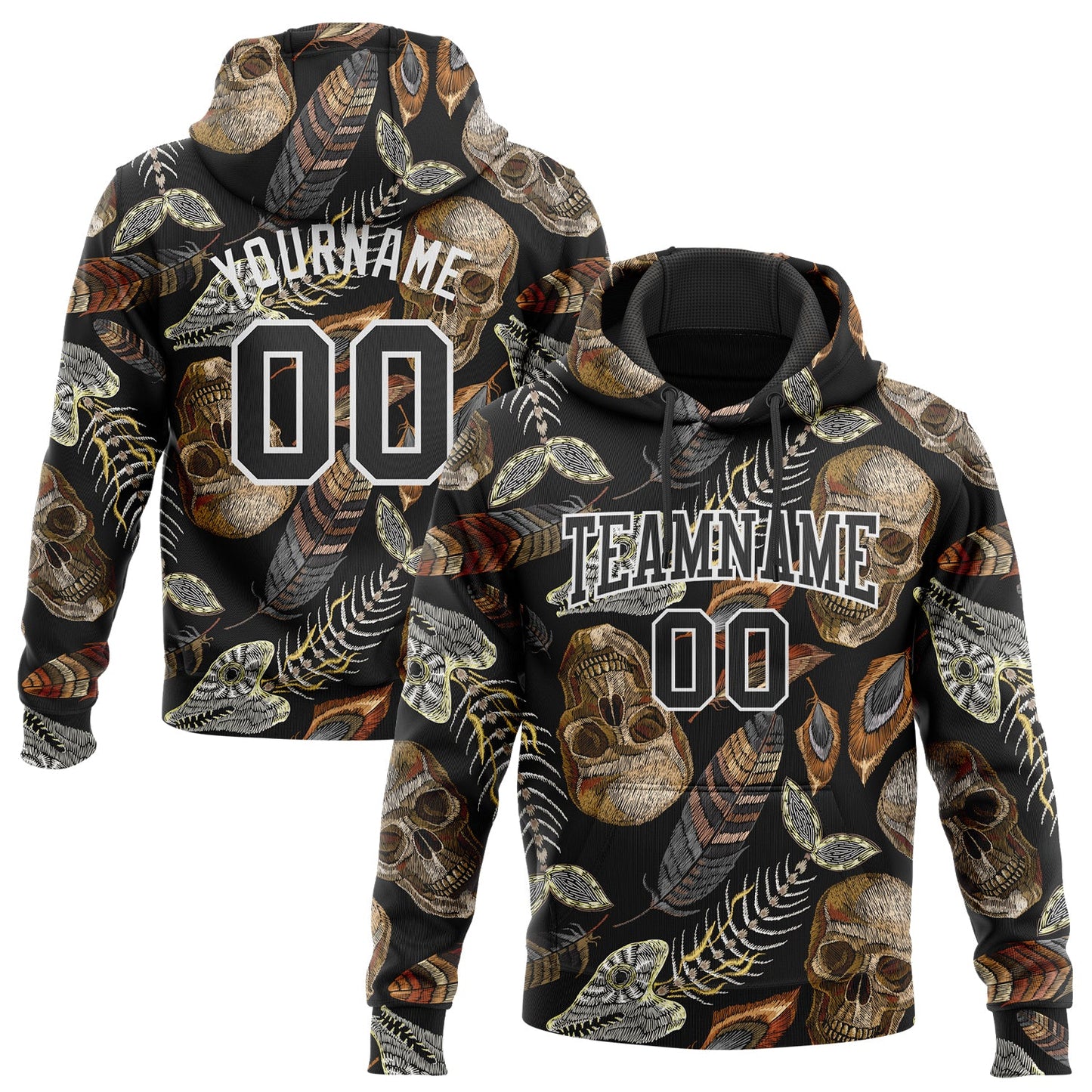 Custom Stitched Black White 3D Skull Fashion Flower And Plant Sports Pullover Sweatshirt Hoodie - Main View