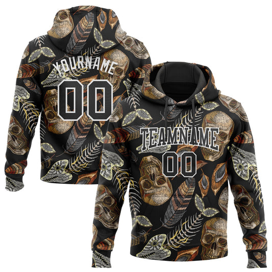 Custom Stitched Black White 3D Skull Fashion Flower And Plant Sports Pullover Sweatshirt Hoodie - Main View