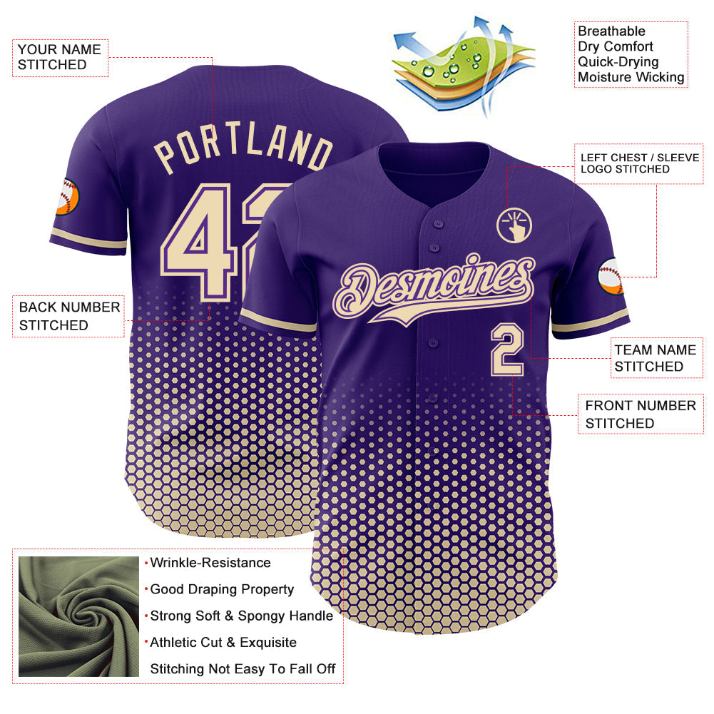 Custom Purple-Cream Geometric Hexagonal Dot Gradient Authentic Baseball Jersey view 3