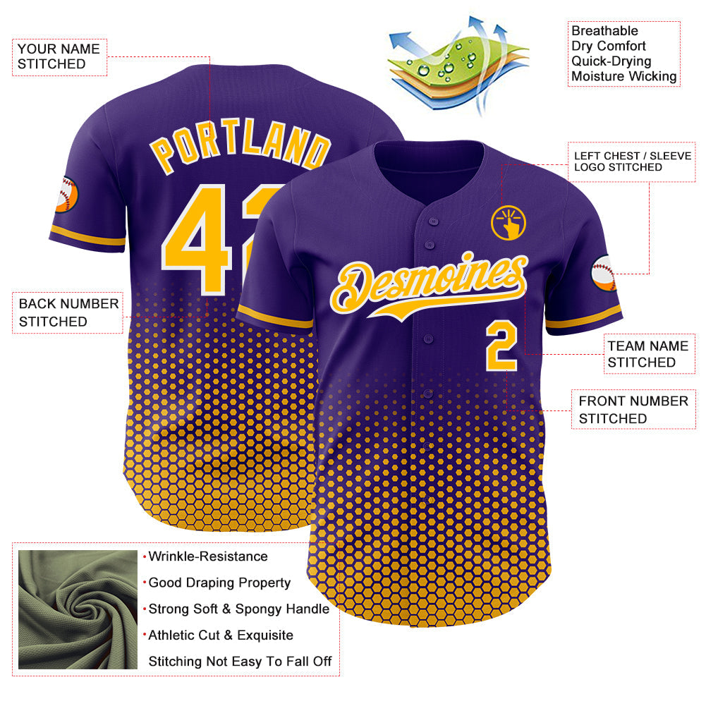 Custom Purple Gold-White Geometric Hexagonal Dot Gradient Authentic Baseball Jersey view 3