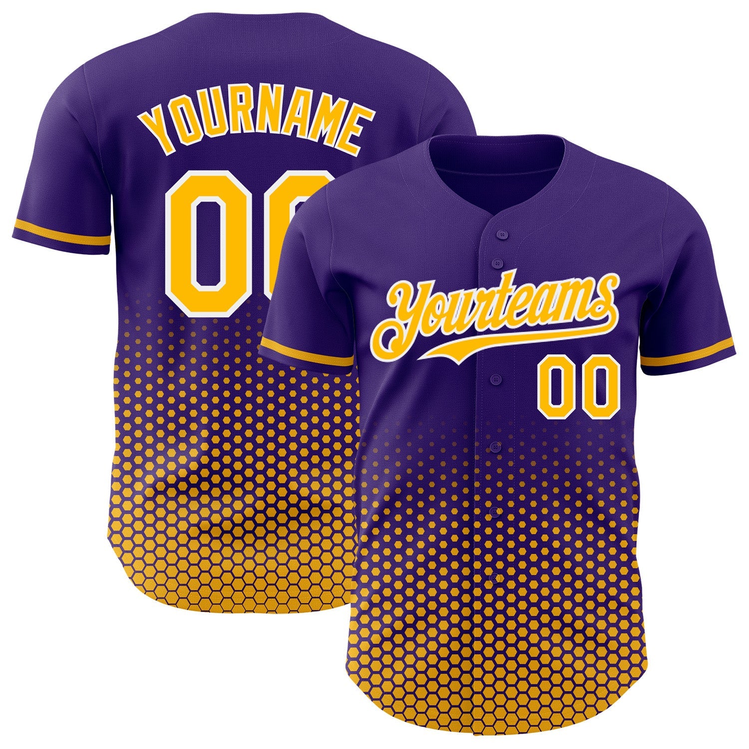 Custom Purple Gold-White Geometric Hexagonal Dot Gradient Authentic Baseball Jersey - Main View