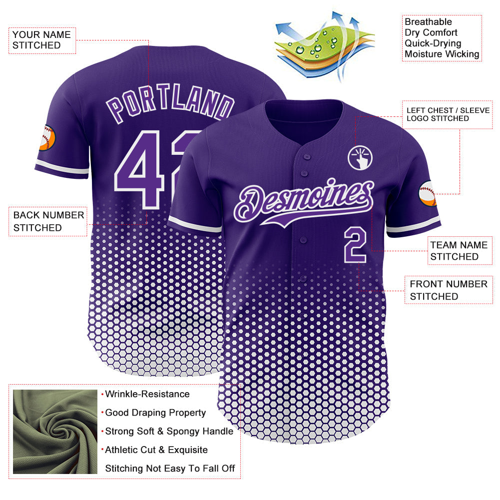 Custom Purple-White Geometric Hexagonal Dot Gradient Authentic Baseball Jersey view 3