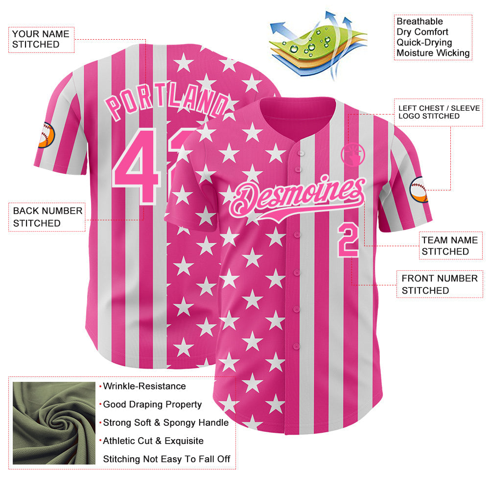 Custom Pink-White USA Flag Patriotic Split Stars and Stripes Authentic Baseball Jersey view 3