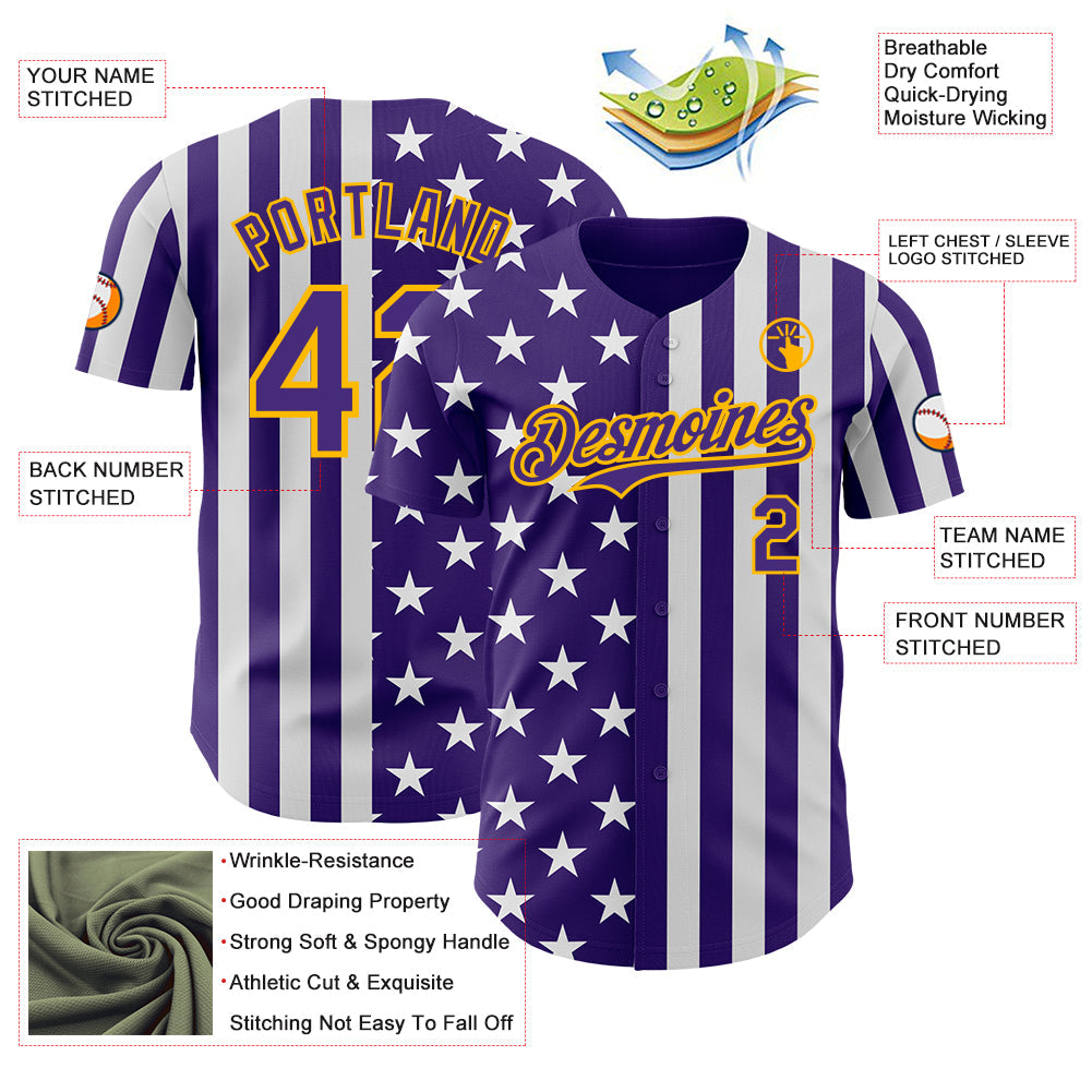 Custom Purple White-Gold USA Flag Patriotic Split Stars and Stripes Authentic Baseball Jersey view 3
