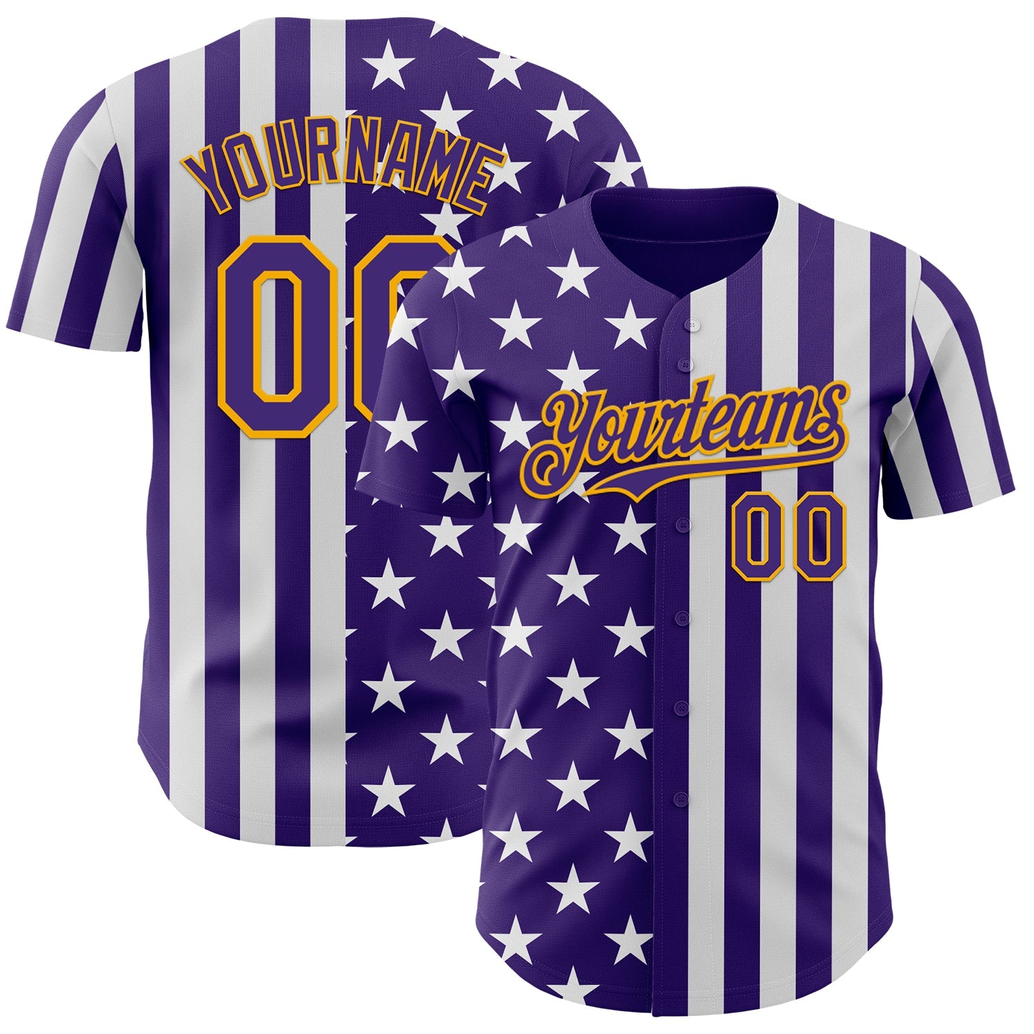 Custom Purple White-Gold USA Flag Patriotic Split Stars and Stripes Authentic Baseball Jersey - Main View