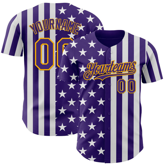 Custom Purple White-Gold USA Flag Patriotic Split Stars and Stripes Authentic Baseball Jersey - Main View