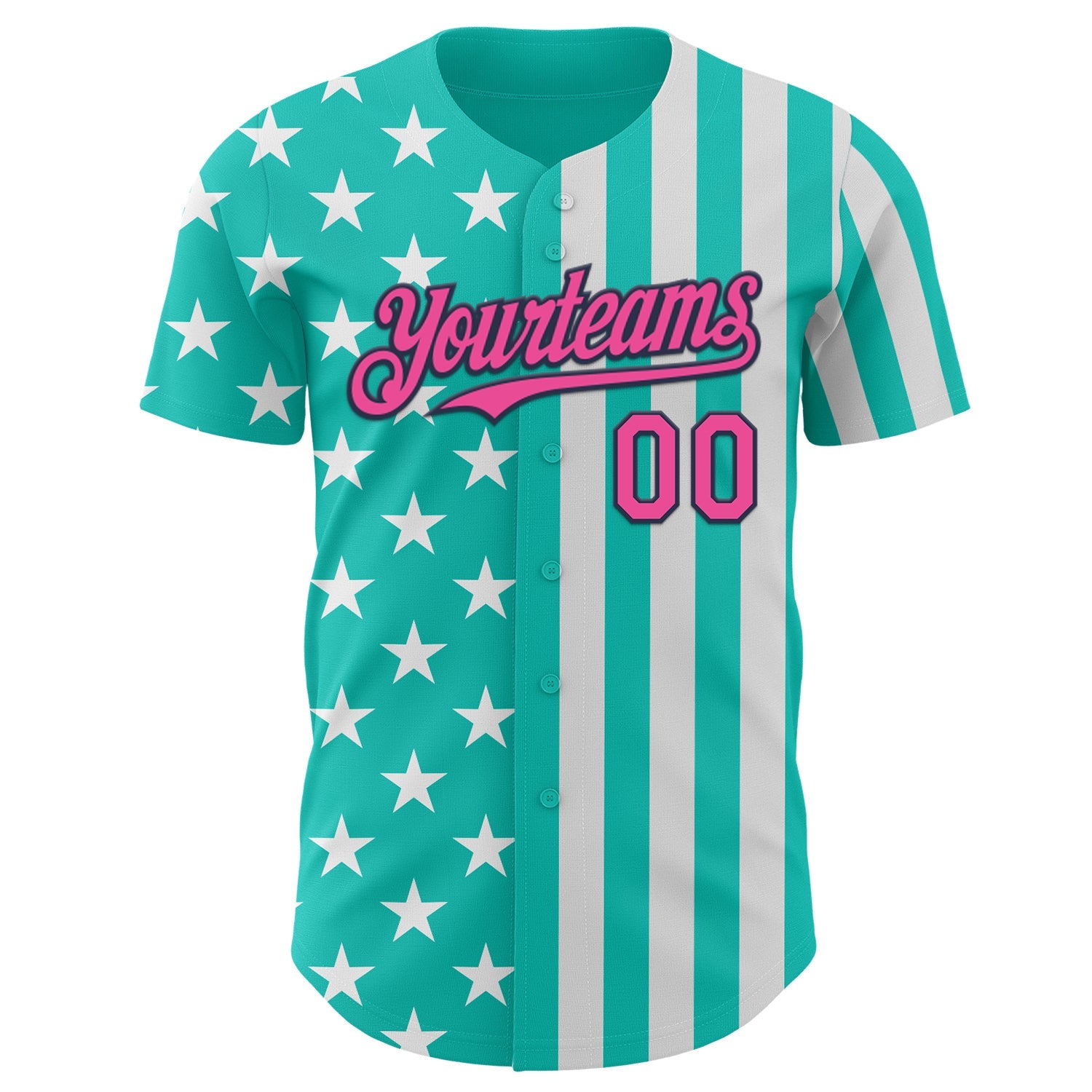Custom Aqua Pink White-Navy USA Flag Patriotic Split Stars and Stripes Authentic Baseball Jersey view 2