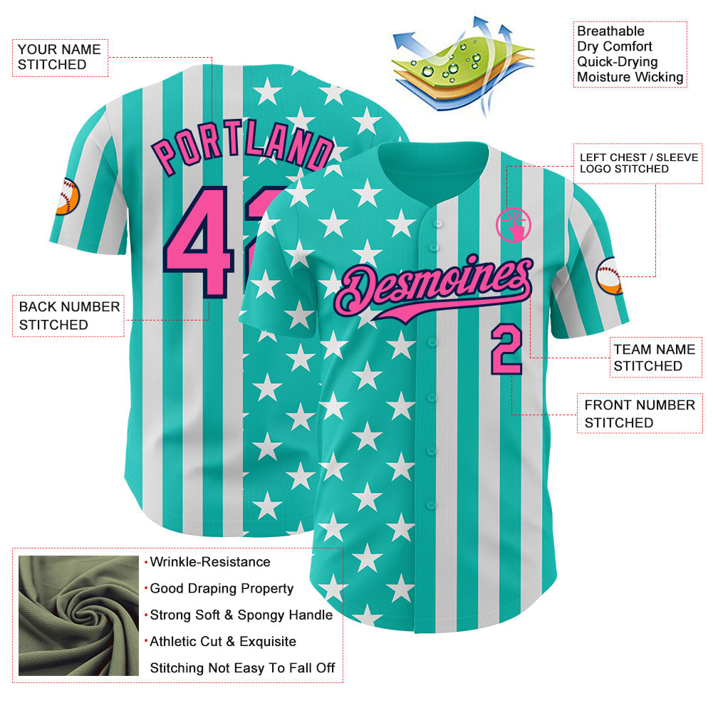 Custom Aqua Pink White-Navy USA Flag Patriotic Split Stars and Stripes Authentic Baseball Jersey view 3