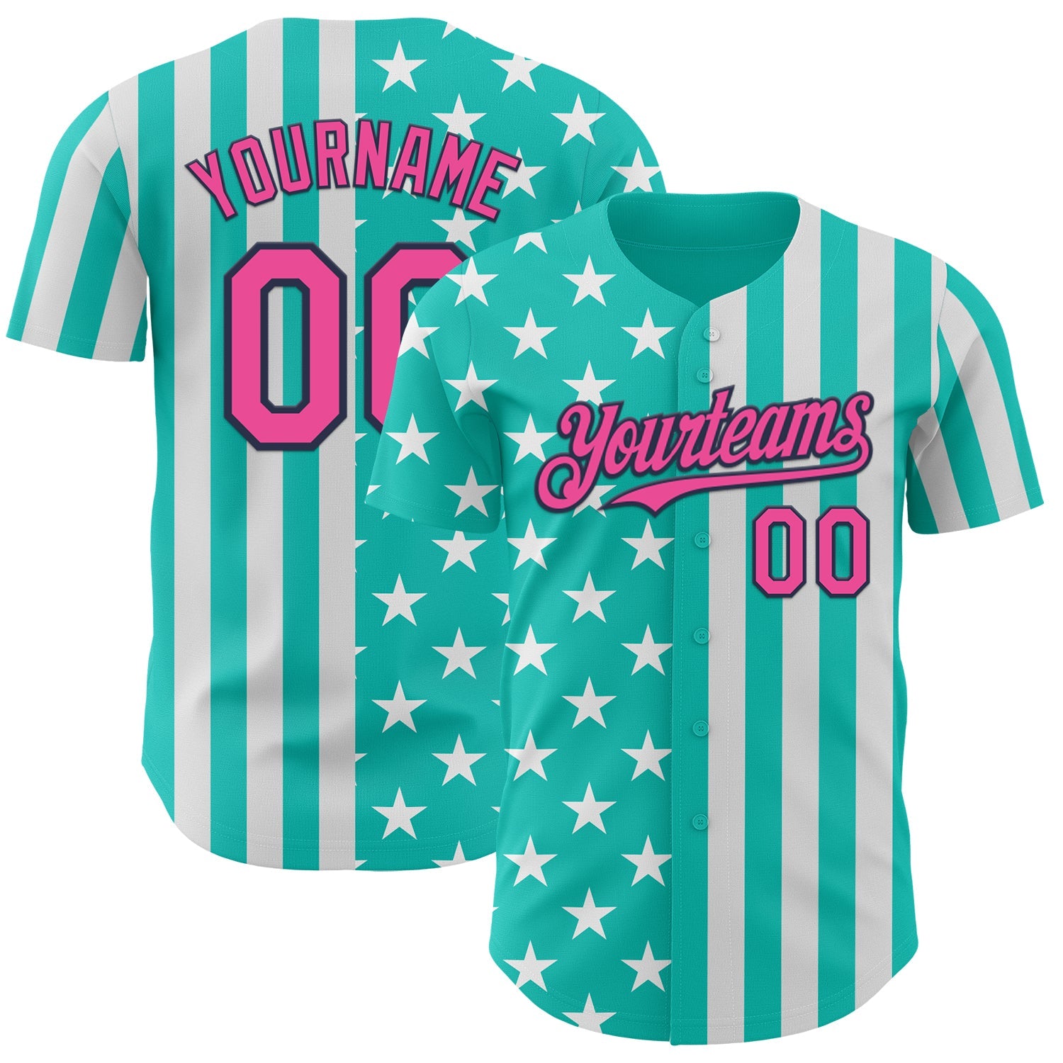 Custom Aqua Pink White-Navy USA Flag Patriotic Split Stars and Stripes Authentic Baseball Jersey - Main View