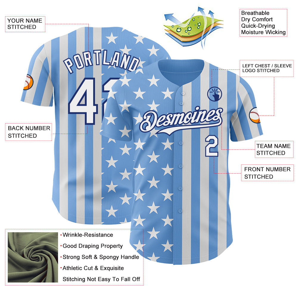 Custom Light Blue White-Royal USA Flag Patriotic Split Stars and Stripes Authentic Baseball Jersey view 3