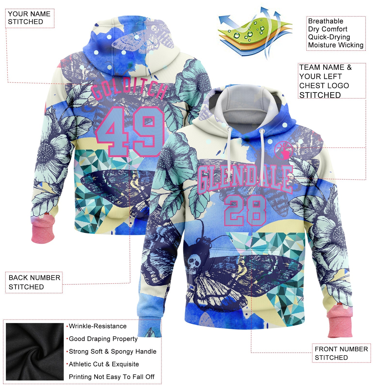 Custom Stitched White Light Blue-Pink 3D Skull Fashion Flower And Butterfly Sports Pullover Sweatshirt Hoodie view 2