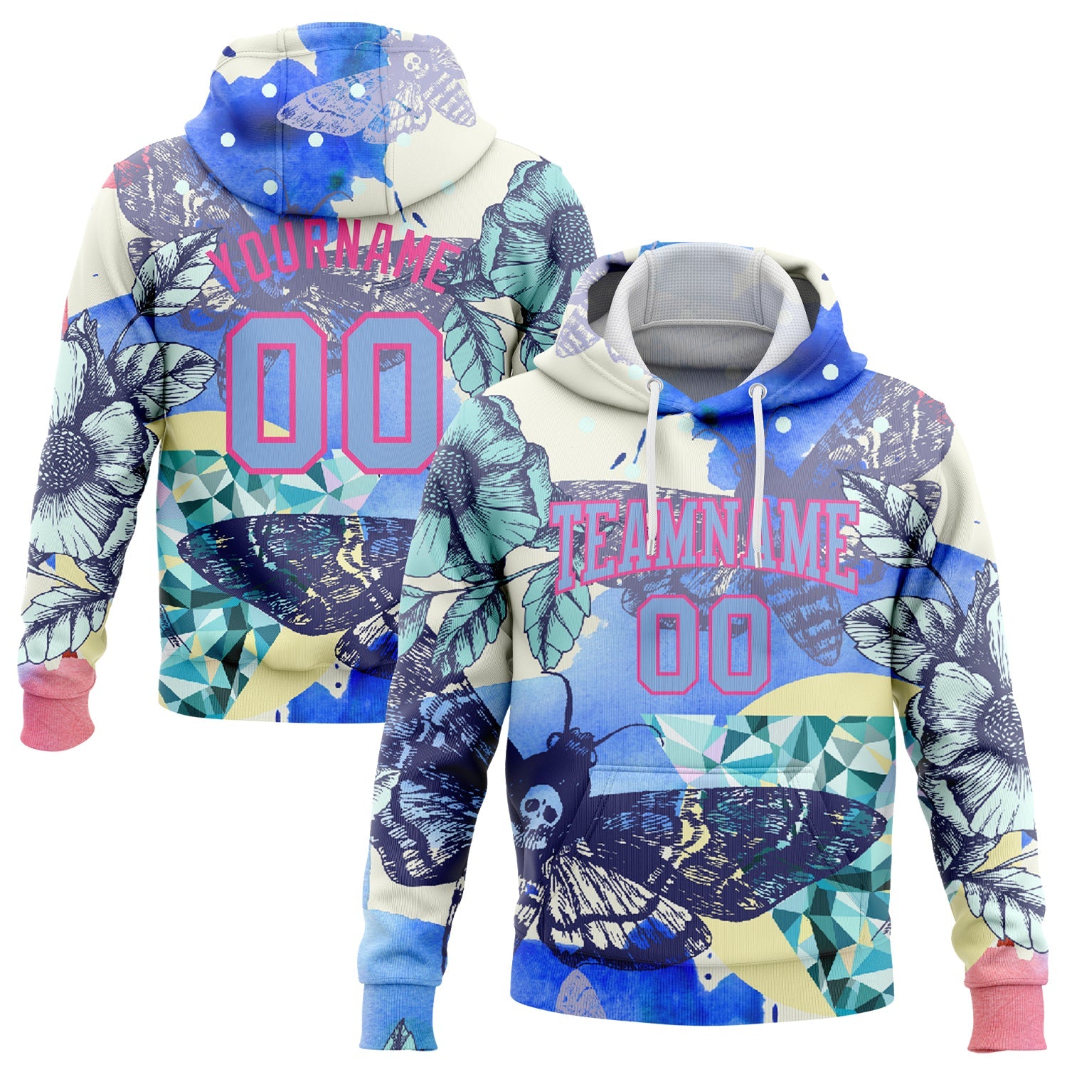 Custom Stitched White Light Blue-Pink 3D Skull Fashion Flower And Butterfly Sports Pullover Sweatshirt Hoodie - Main View