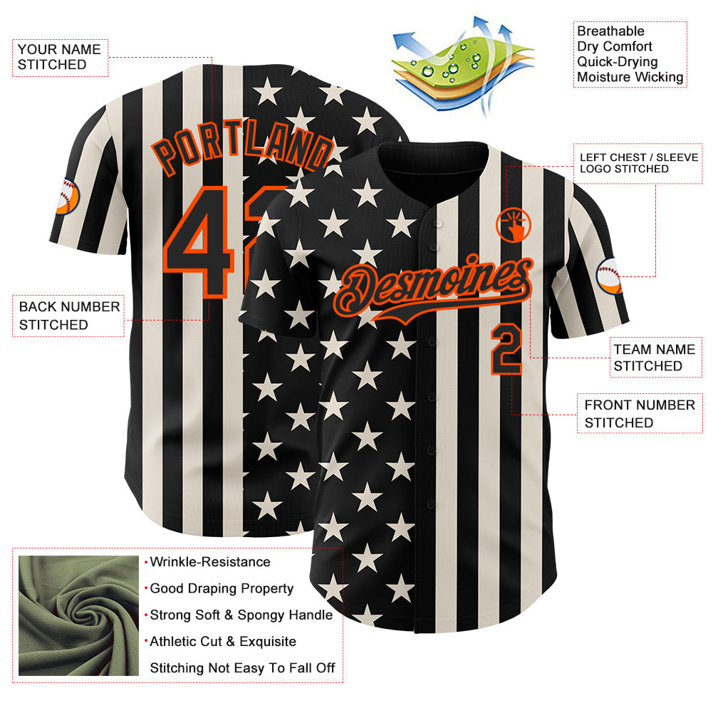 Custom Black Cream-Orange USA Flag Patriotic Split Stars and Stripes Authentic Baseball Jersey view 3