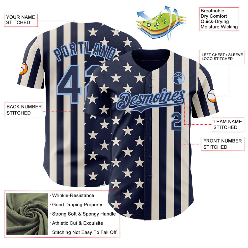 Custom Navy Cream-Light Blue USA Flag Patriotic Split Stars and Stripes Authentic Baseball Jersey view 3