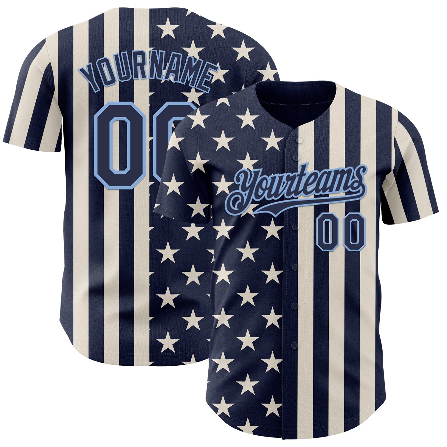Custom Navy Cream-Light Blue USA Flag Patriotic Split Stars and Stripes Authentic Baseball Jersey - Main View