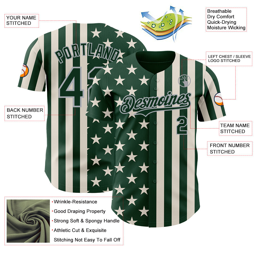 Custom Green Cream-Gray USA Flag Patriotic Split Stars and Stripes Authentic Baseball Jersey view 3